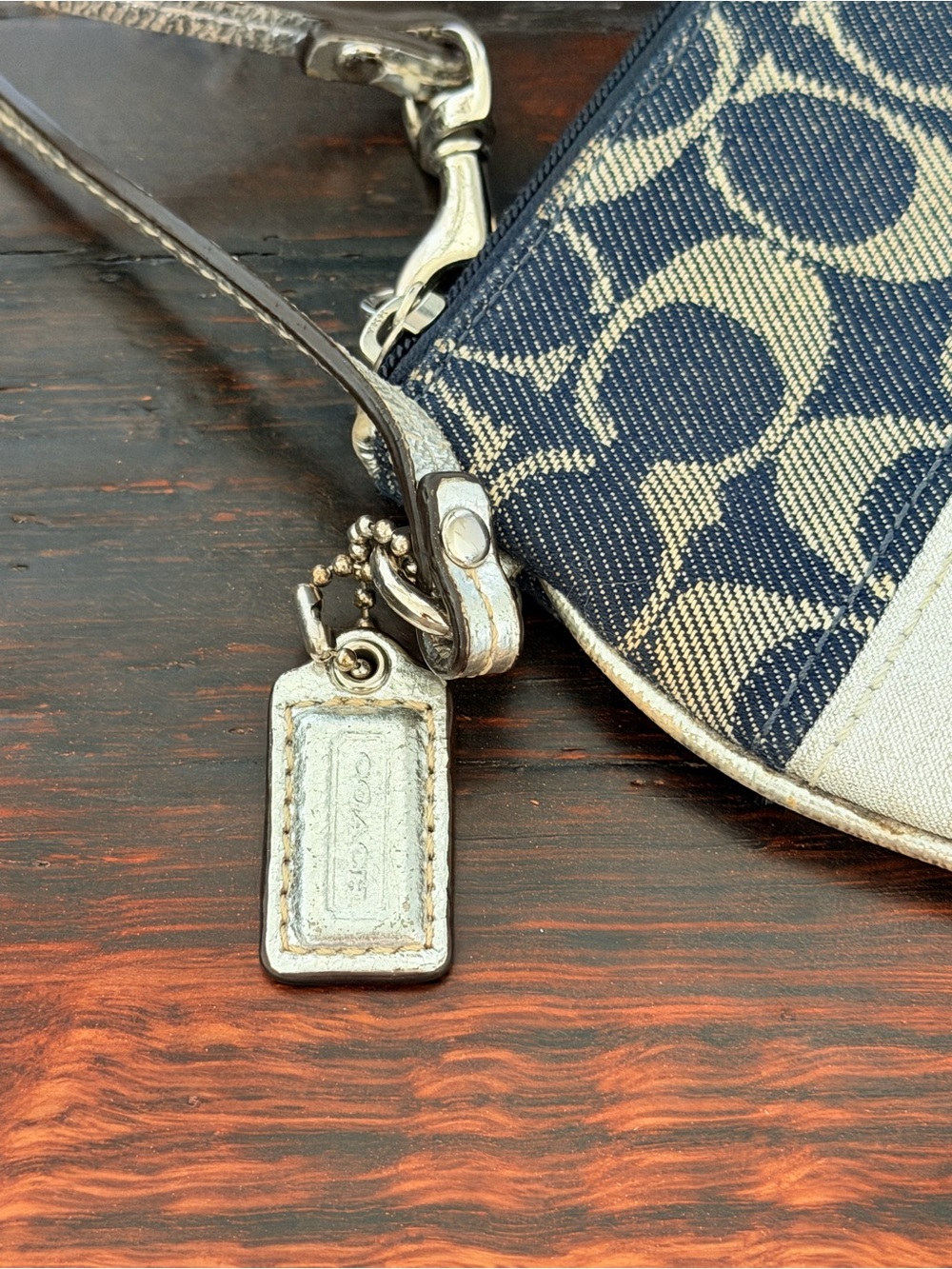 Coach Denim Signature Jacquard Wristlet with Silver Metallic - Picture 9 of 12